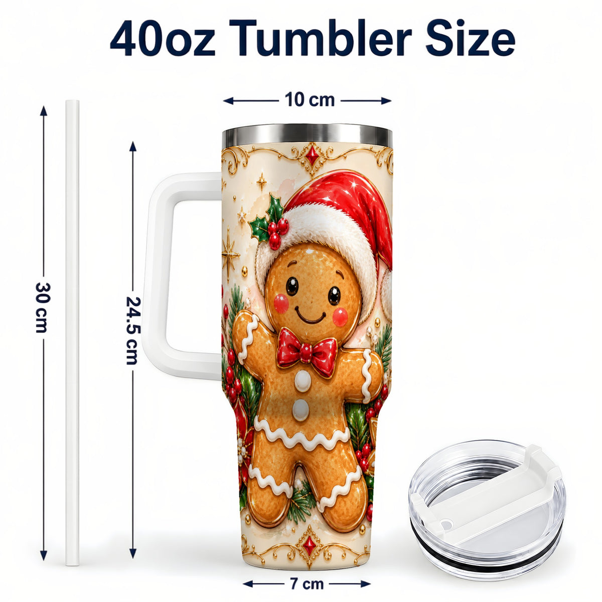 #pl[40oz|White] Festive Tumbler 40oz, Gingerbread Tumbler, Stainless Steel Travel Cup