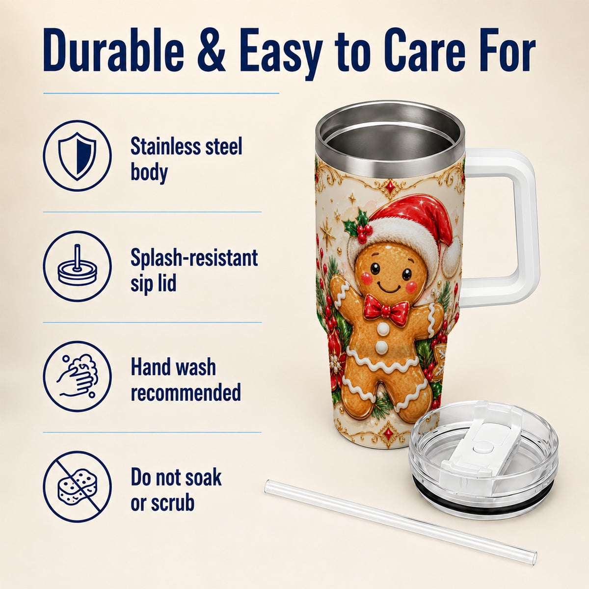 Festive Tumbler 40oz, Gingerbread Tumbler, Stainless Steel Travel Cup