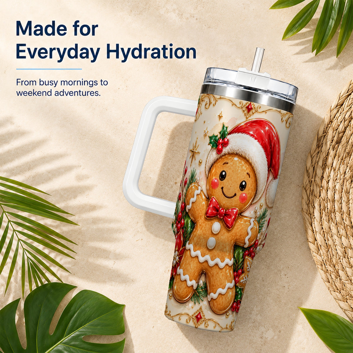 Festive Tumbler 40oz, Gingerbread Tumbler, Stainless Steel Travel Cup