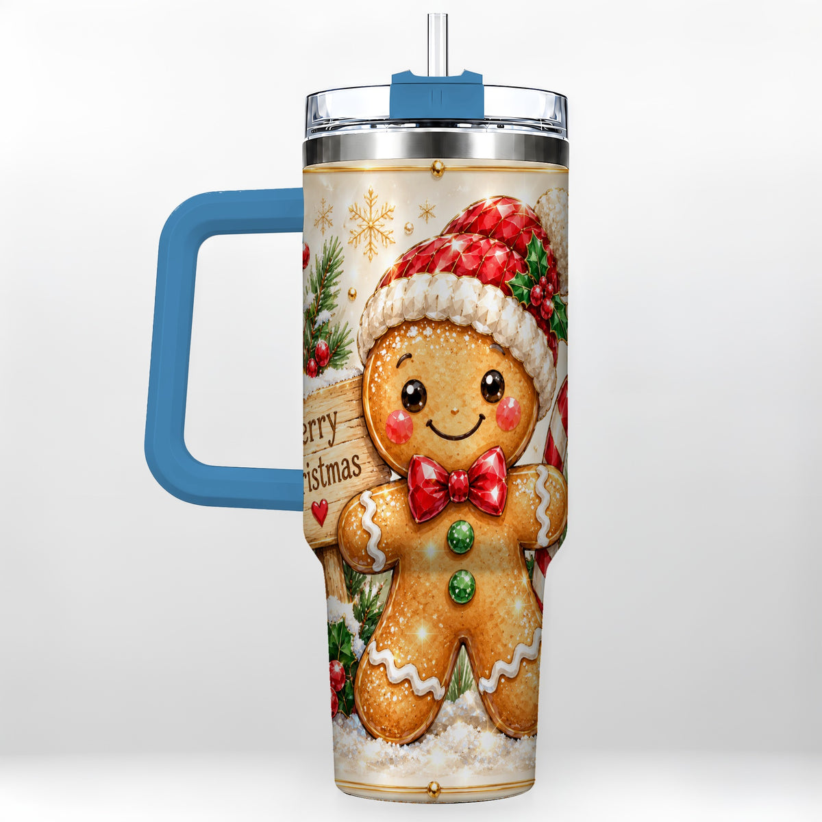#pl[40oz|Blue] Gingerbread Christmas 40oz Tumbler, Holiday Stainless Steel Travel Cup