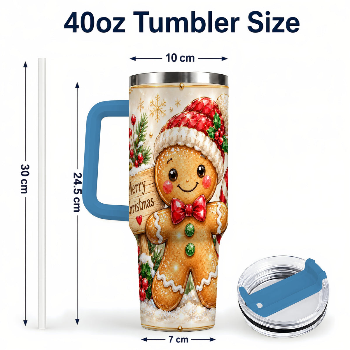 #pl[40oz|Blue] Gingerbread Christmas 40oz Tumbler, Holiday Stainless Steel Travel Cup