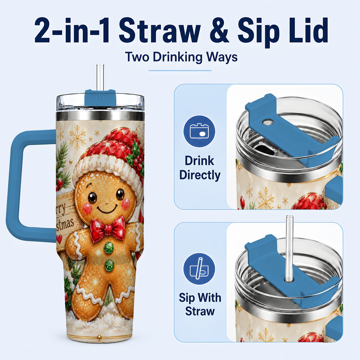 #pl[40oz|Blue] Gingerbread Christmas 40oz Tumbler, Holiday Stainless Steel Travel Cup