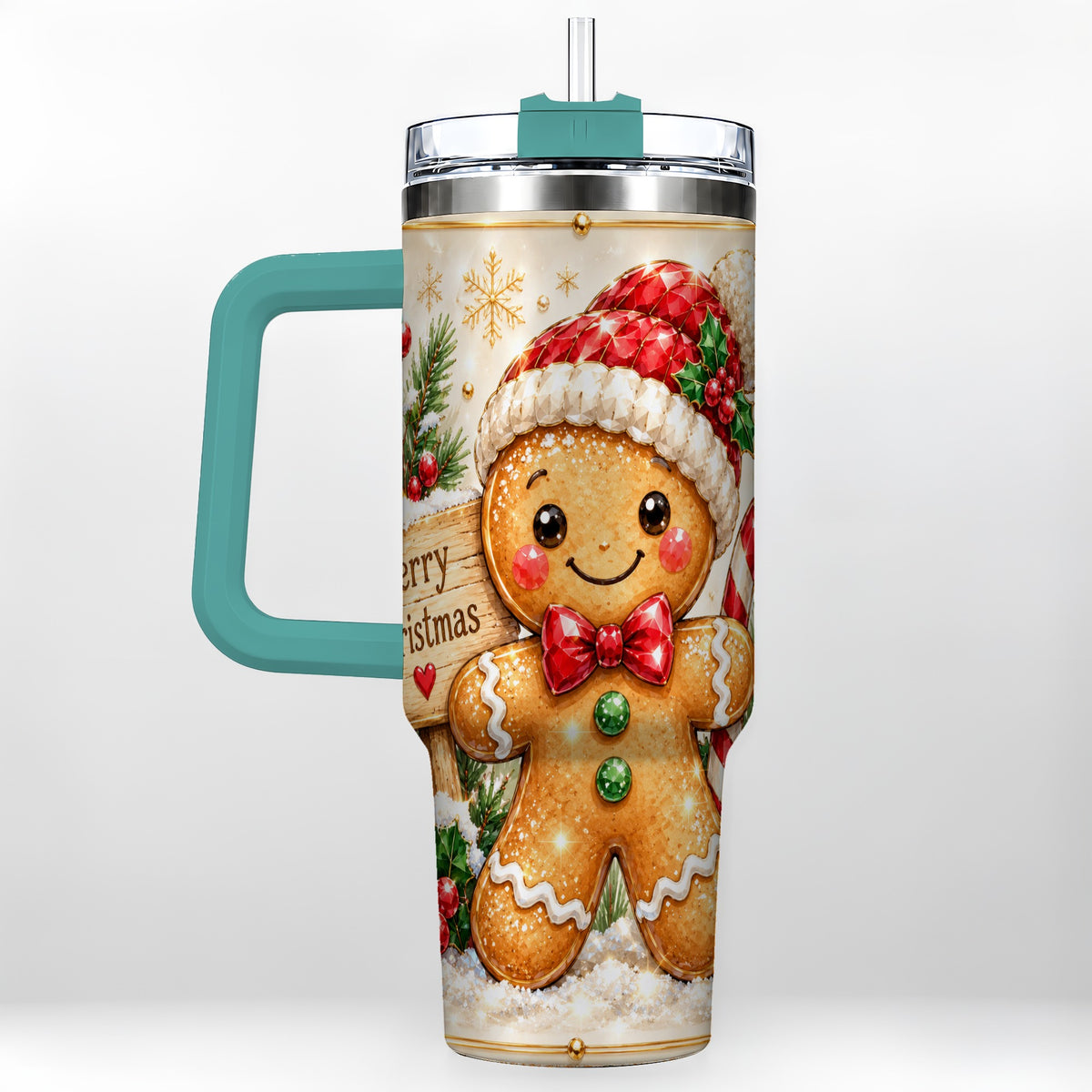 #pl[40oz|Green] Gingerbread Christmas 40oz Tumbler, Holiday Stainless Steel Travel Cup