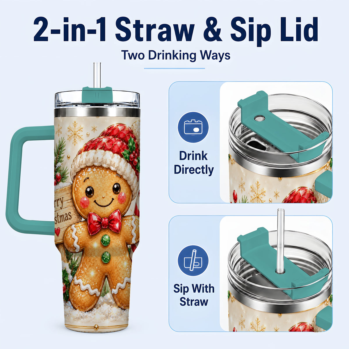 #pl[40oz|Green] Gingerbread Christmas 40oz Tumbler, Holiday Stainless Steel Travel Cup