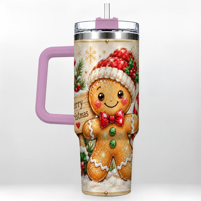 #pl[40oz|Pink] Gingerbread Christmas 40oz Tumbler, Holiday Stainless Steel Travel Cup