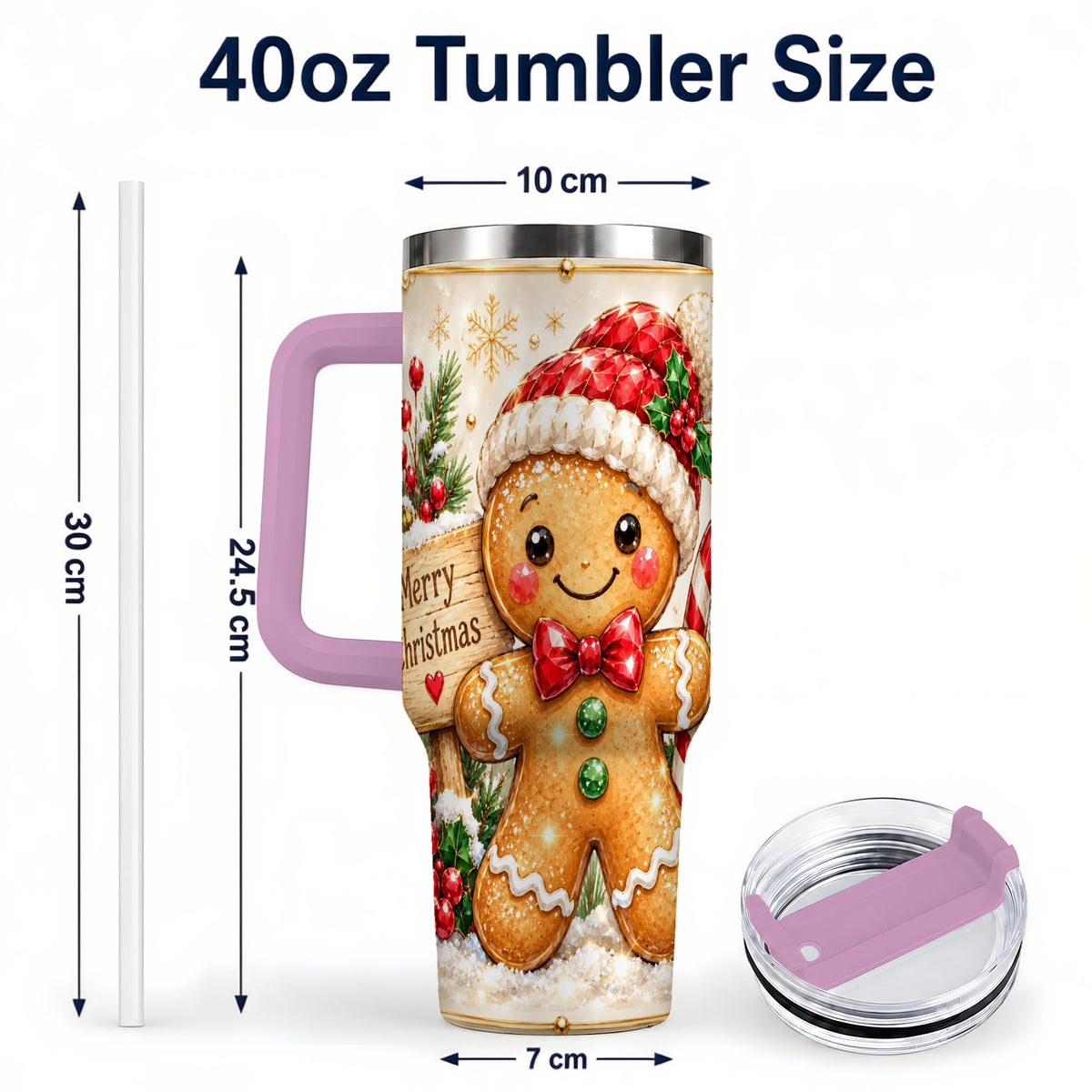 #pl[40oz|Pink] Gingerbread Christmas 40oz Tumbler, Holiday Stainless Steel Travel Cup