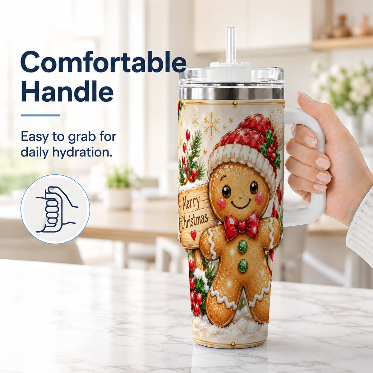 #pl[40oz|White] Gingerbread Christmas 40oz Tumbler, Holiday Stainless Steel Travel Cup