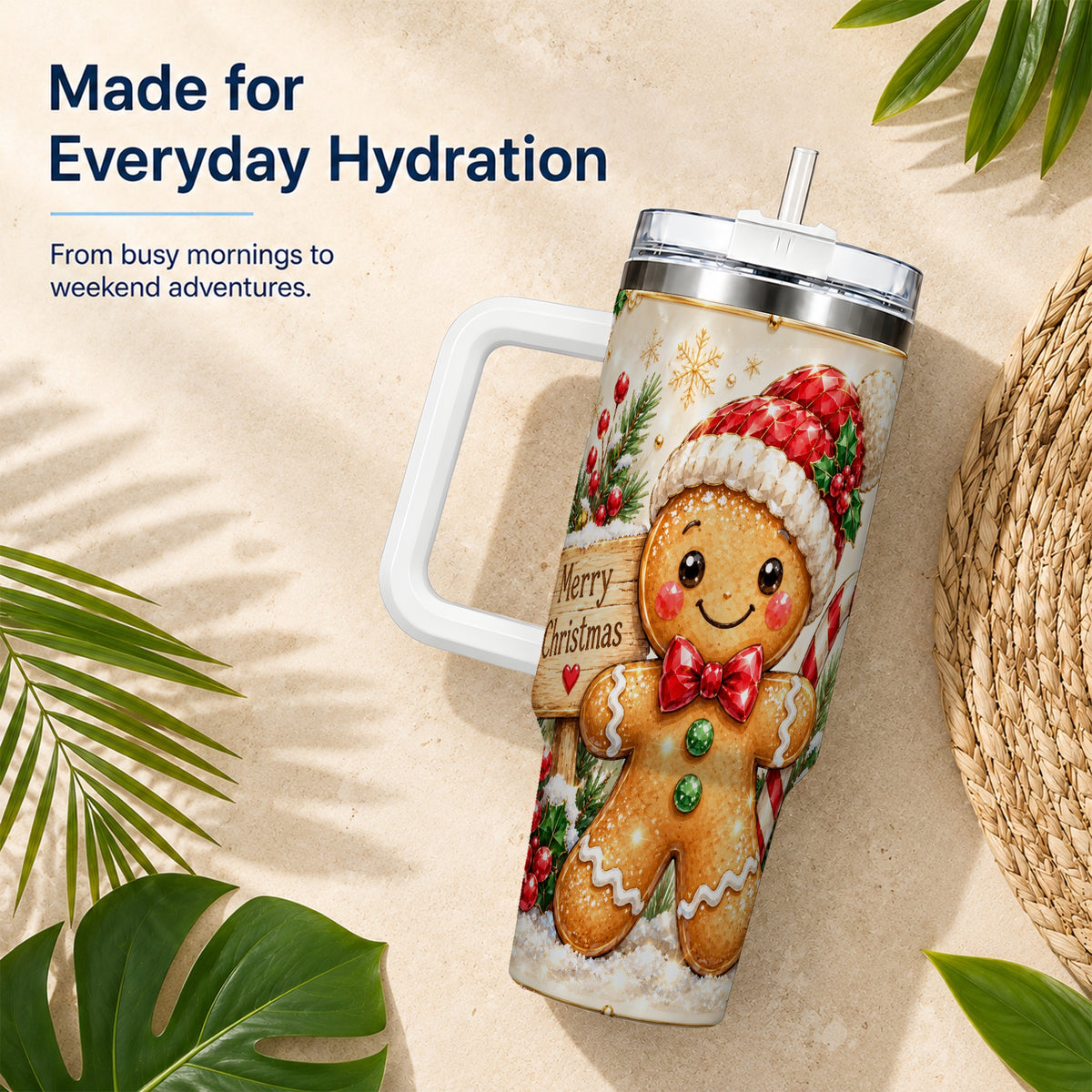 Gingerbread Christmas 40oz Tumbler, Holiday Stainless Steel Travel Cup