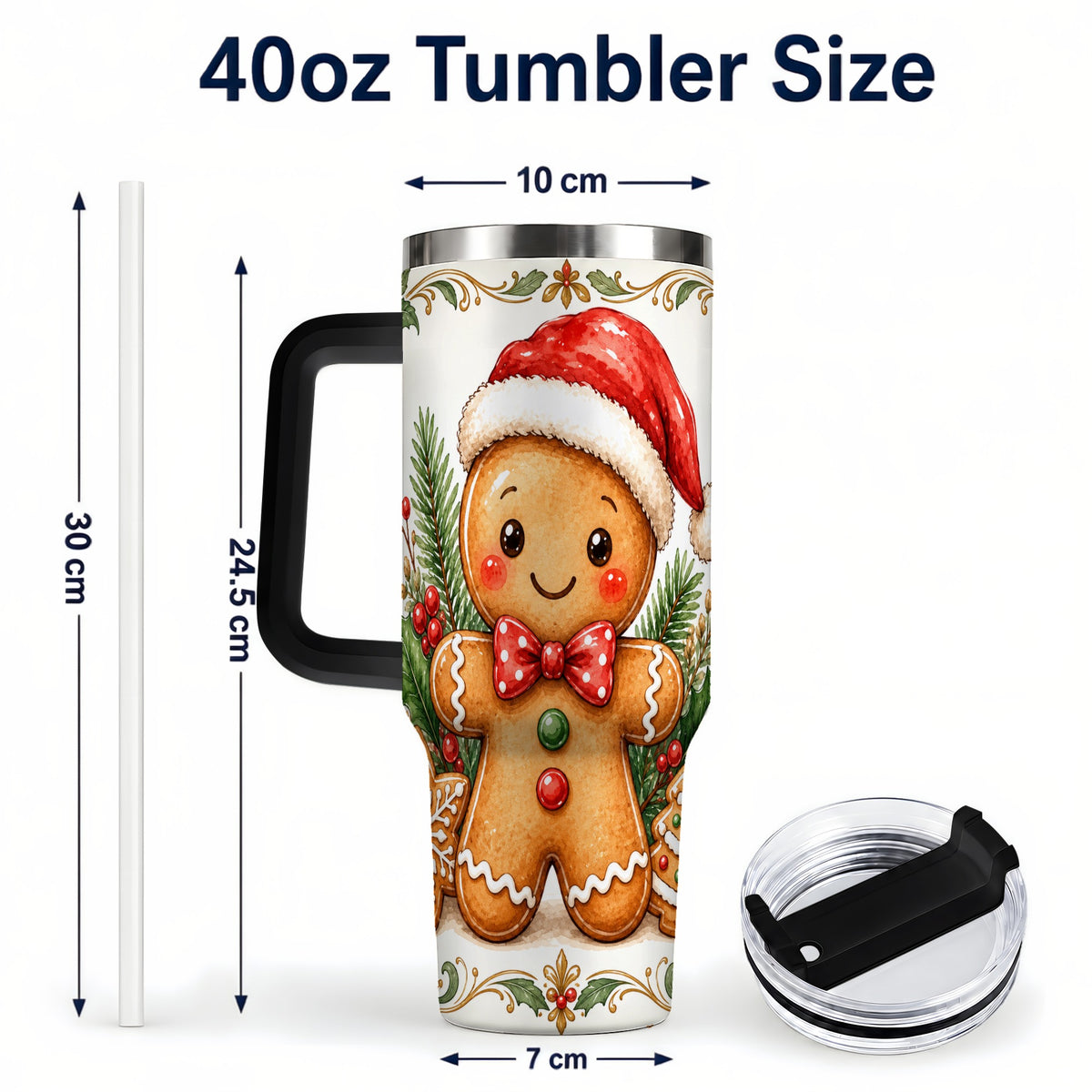 #pl[40oz|Black] Watercolor Gingerbread 40oz Tumbler, Holiday Stainless Steel Travel Cup