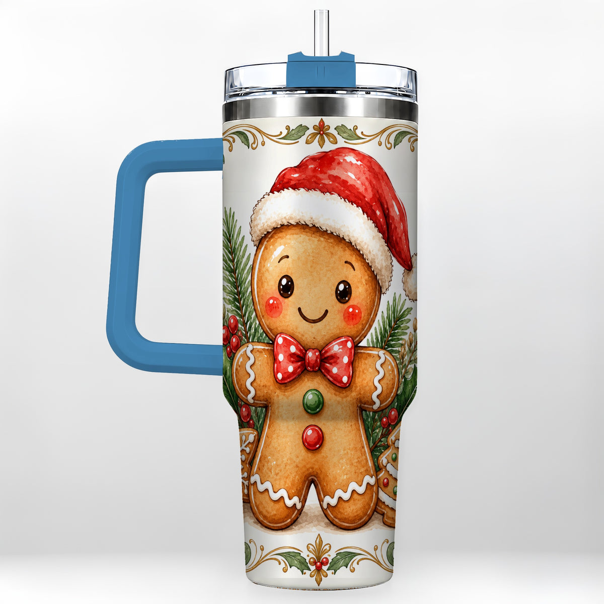 #pl[40oz|Blue] Watercolor Gingerbread 40oz Tumbler, Holiday Stainless Steel Travel Cup