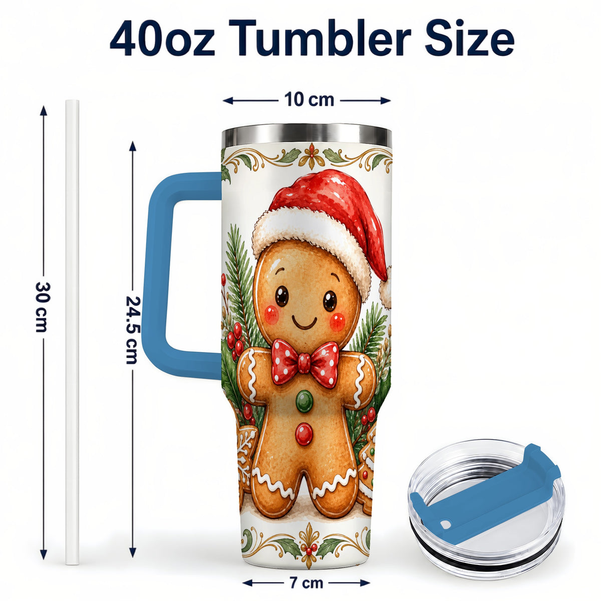 #pl[40oz|Blue] Watercolor Gingerbread 40oz Tumbler, Holiday Stainless Steel Travel Cup