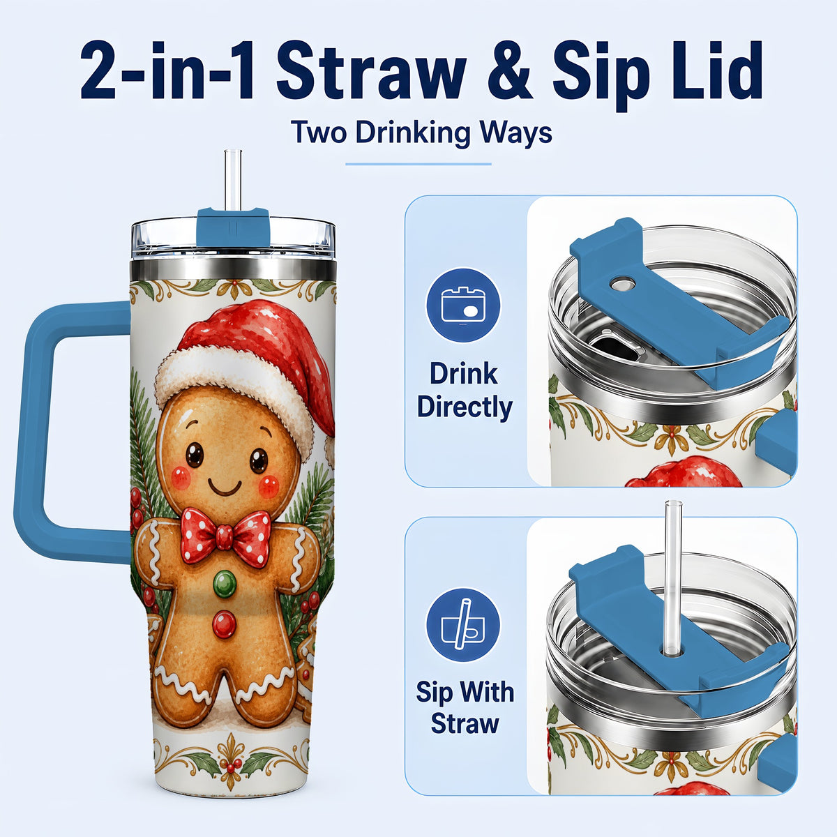 #pl[40oz|Blue] Watercolor Gingerbread 40oz Tumbler, Holiday Stainless Steel Travel Cup