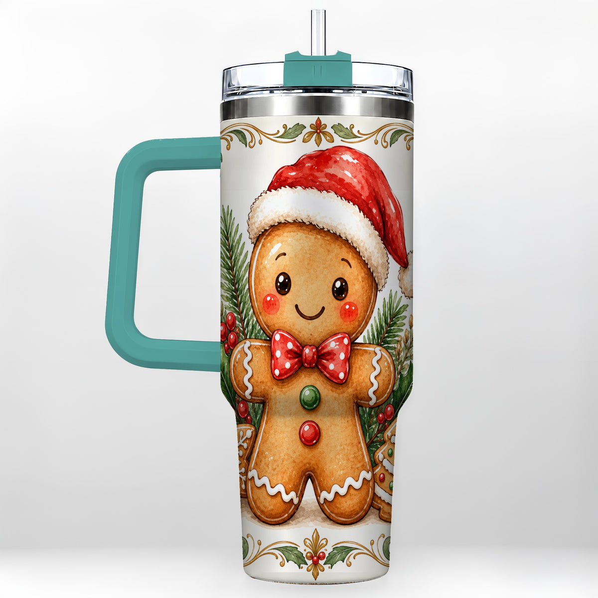 #pl[40oz|Green] Watercolor Gingerbread 40oz Tumbler, Holiday Stainless Steel Travel Cup