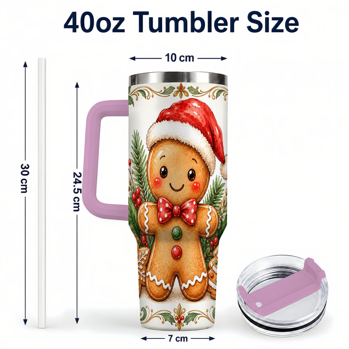 #pl[40oz|Pink] Watercolor Gingerbread 40oz Tumbler, Holiday Stainless Steel Travel Cup