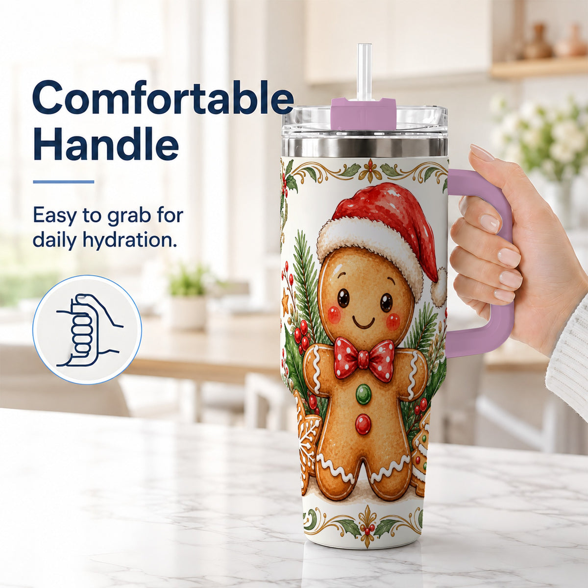 #pl[40oz|Pink] Watercolor Gingerbread 40oz Tumbler, Holiday Stainless Steel Travel Cup