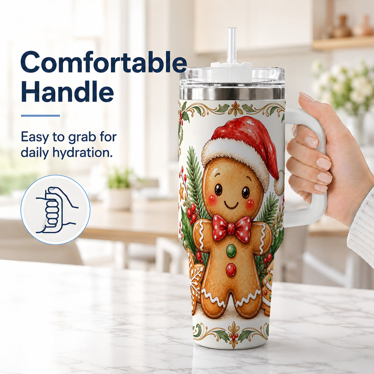 #pl[40oz|White] Watercolor Gingerbread 40oz Tumbler, Holiday Stainless Steel Travel Cup