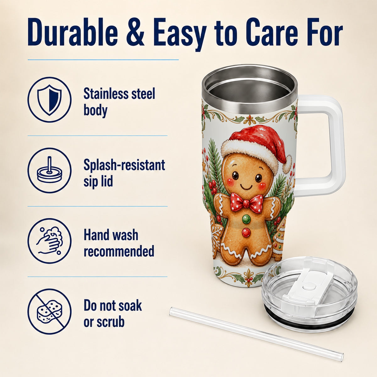 Watercolor Gingerbread 40oz Tumbler, Holiday Stainless Steel Travel Cup