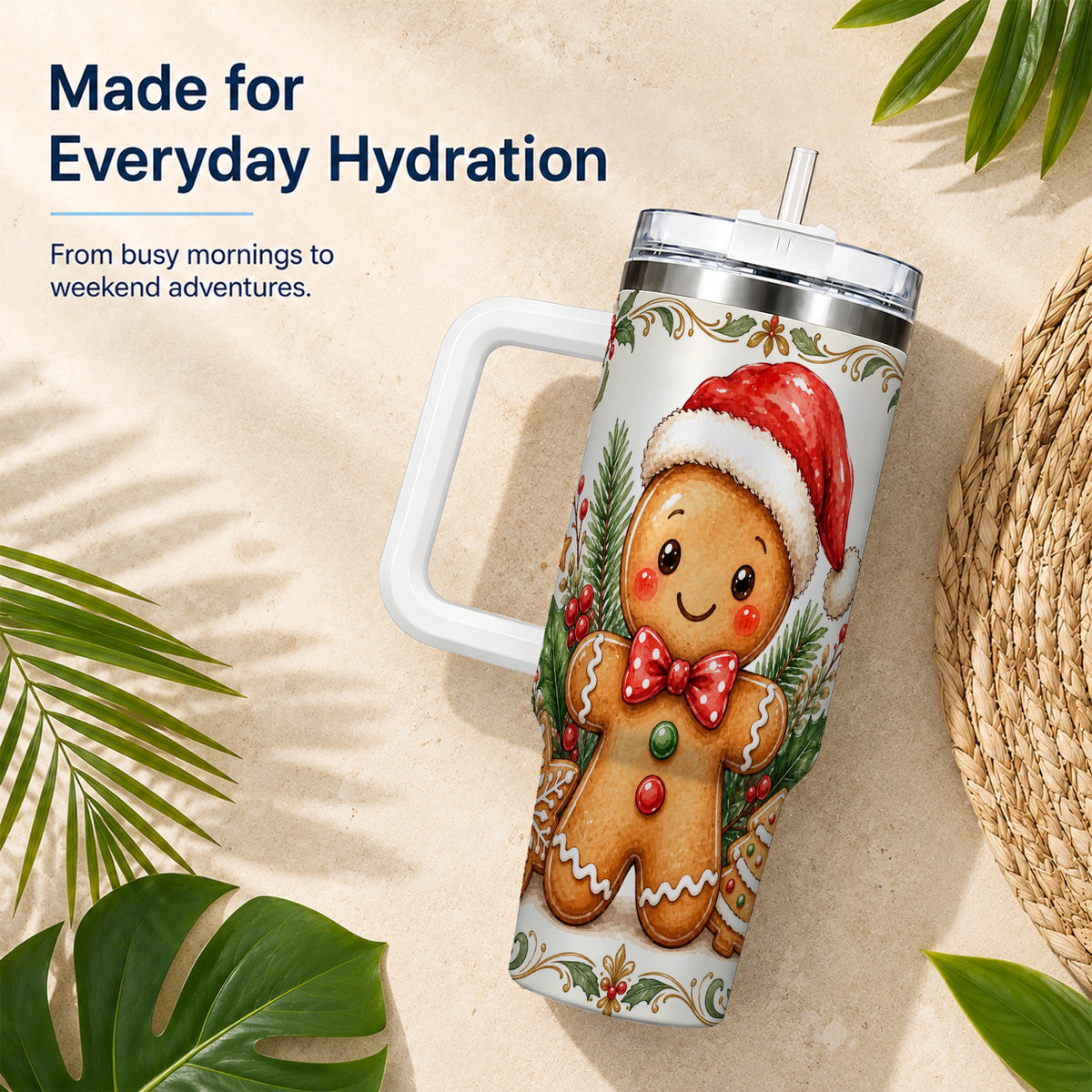 Watercolor Gingerbread 40oz Tumbler, Holiday Stainless Steel Travel Cup