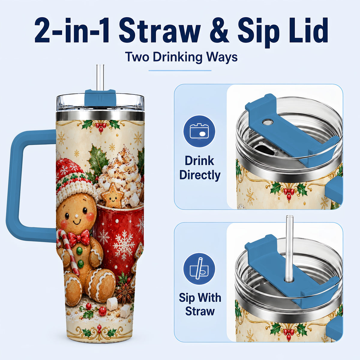 #pl[40oz|Blue] Gingerbread Cocoa 40oz Tumbler, Christmas Stainless Steel Travel Cup