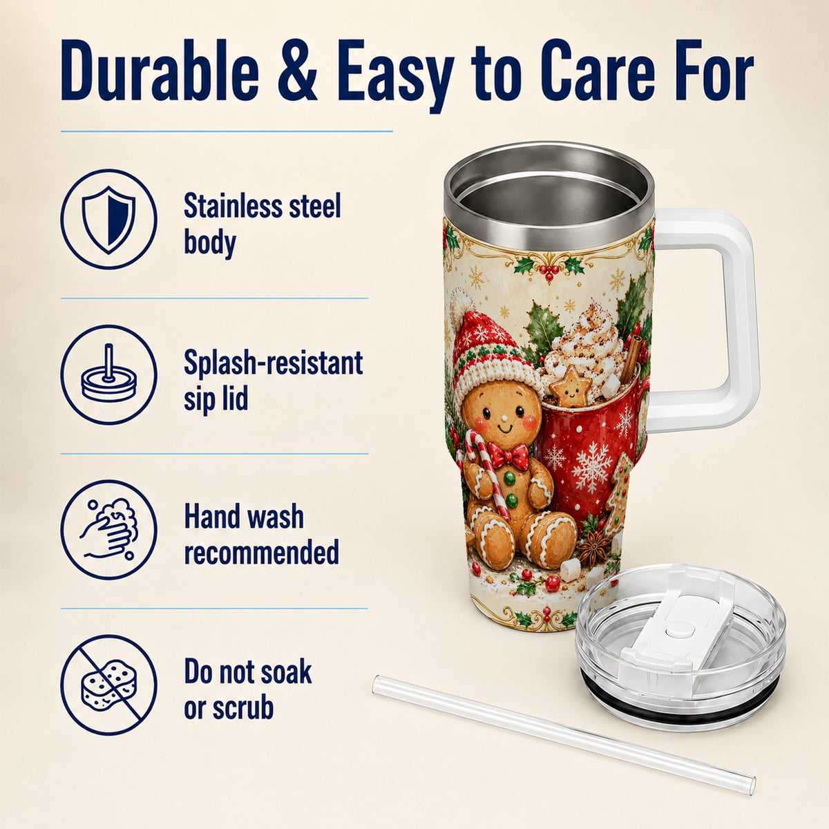 Gingerbread Cocoa 40oz Tumbler, Christmas Stainless Steel Travel Cup