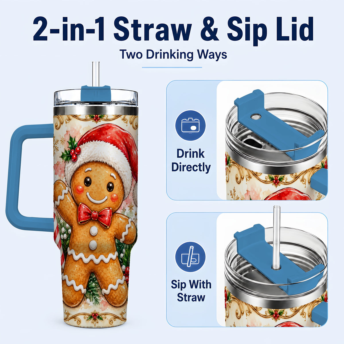 #pl[40oz|Blue] Festive Gingerbread 40oz Tumbler, Christmas Stainless Steel Travel Cup