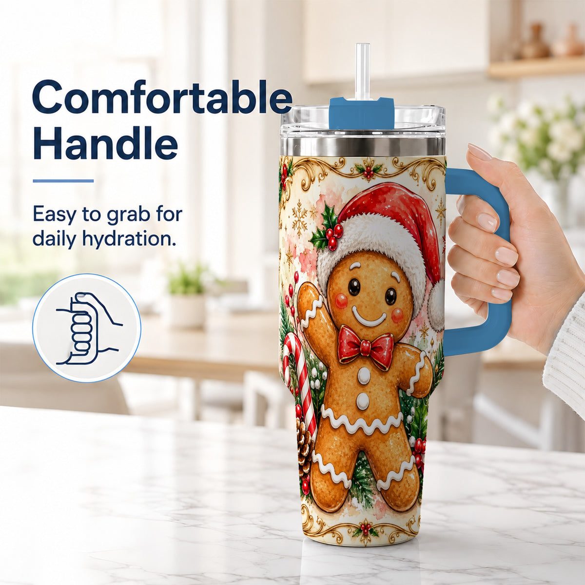 #pl[40oz|Blue] Festive Gingerbread 40oz Tumbler, Christmas Stainless Steel Travel Cup