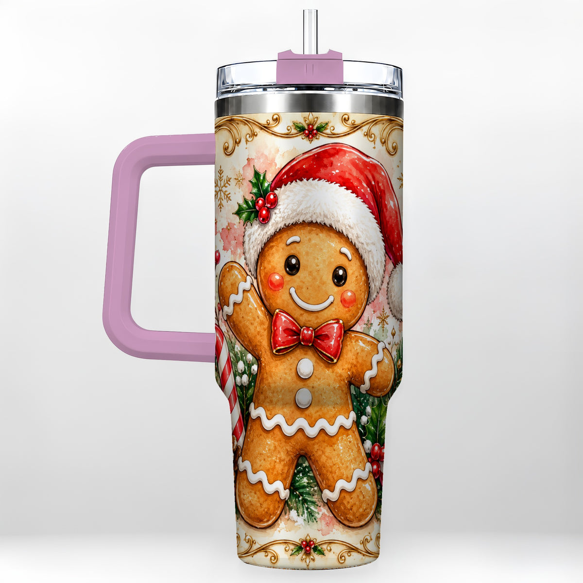 #pl[40oz|Pink] Festive Gingerbread 40oz Tumbler, Christmas Stainless Steel Travel Cup