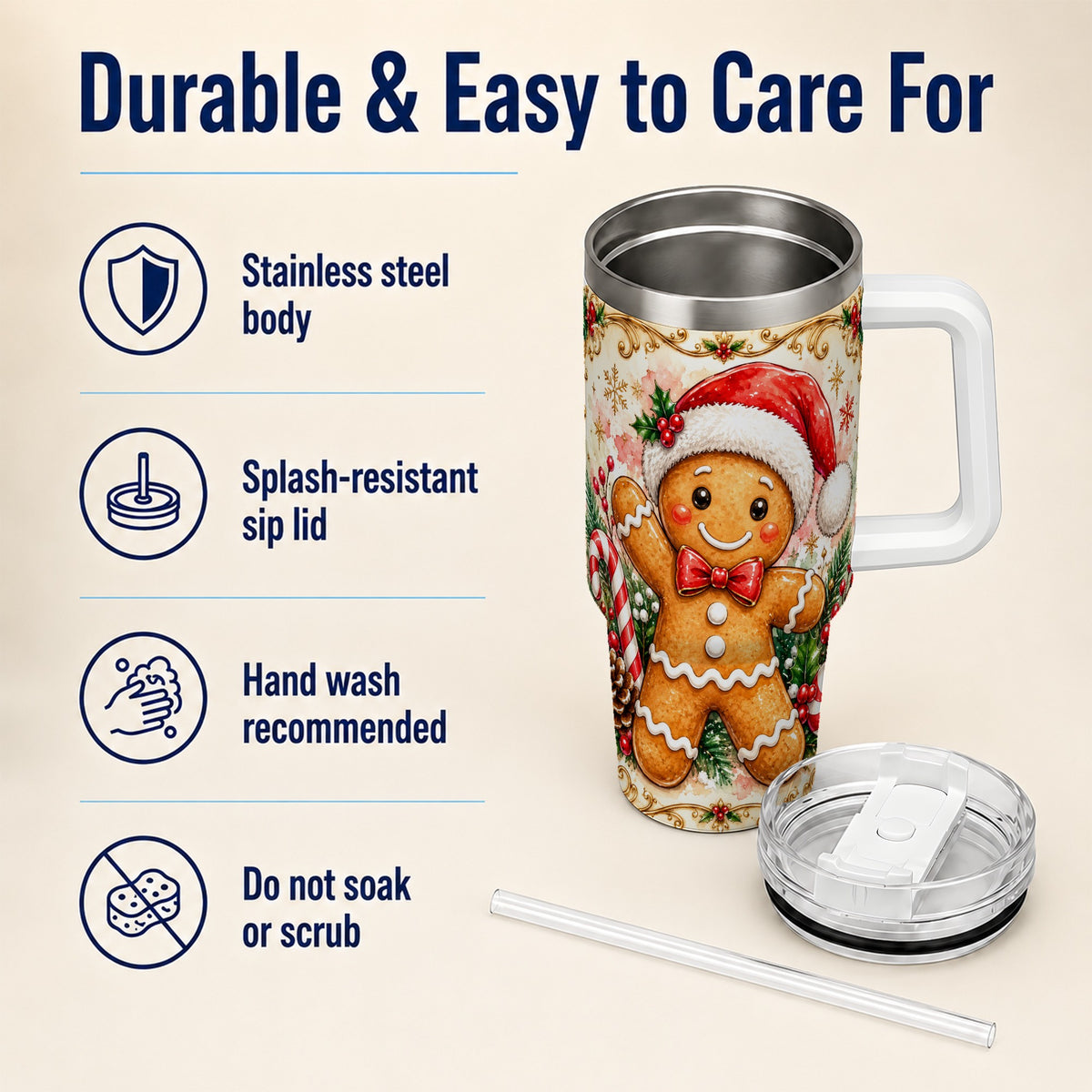 Festive Gingerbread 40oz Tumbler, Christmas Stainless Steel Travel Cup
