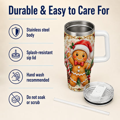 Festive Gingerbread 40oz Tumbler, Christmas Stainless Steel Travel Cup