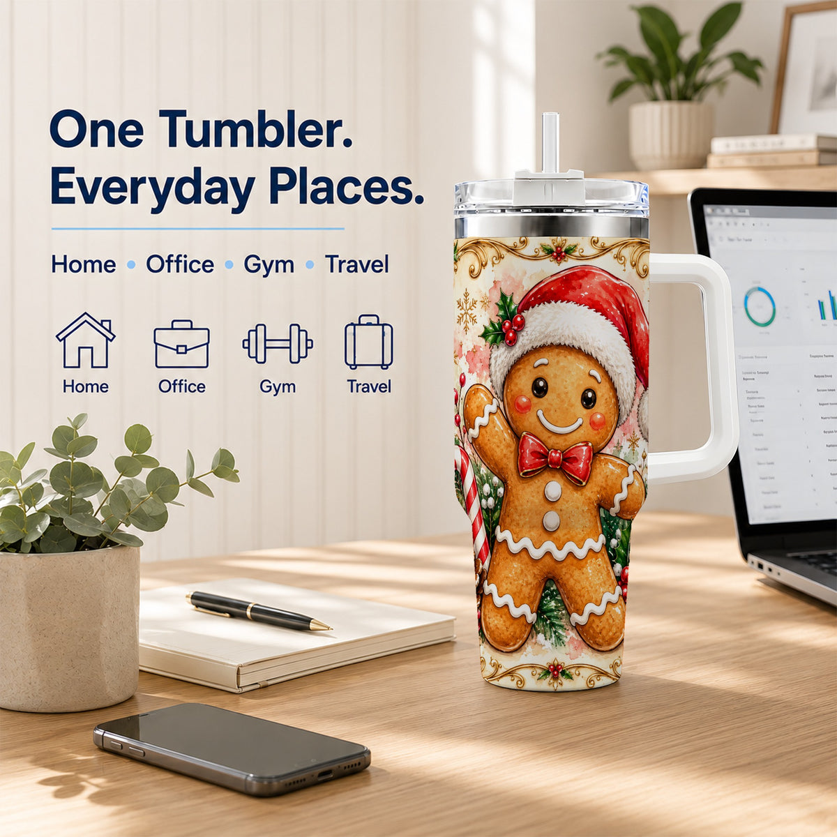 Festive Gingerbread 40oz Tumbler, Christmas Stainless Steel Travel Cup