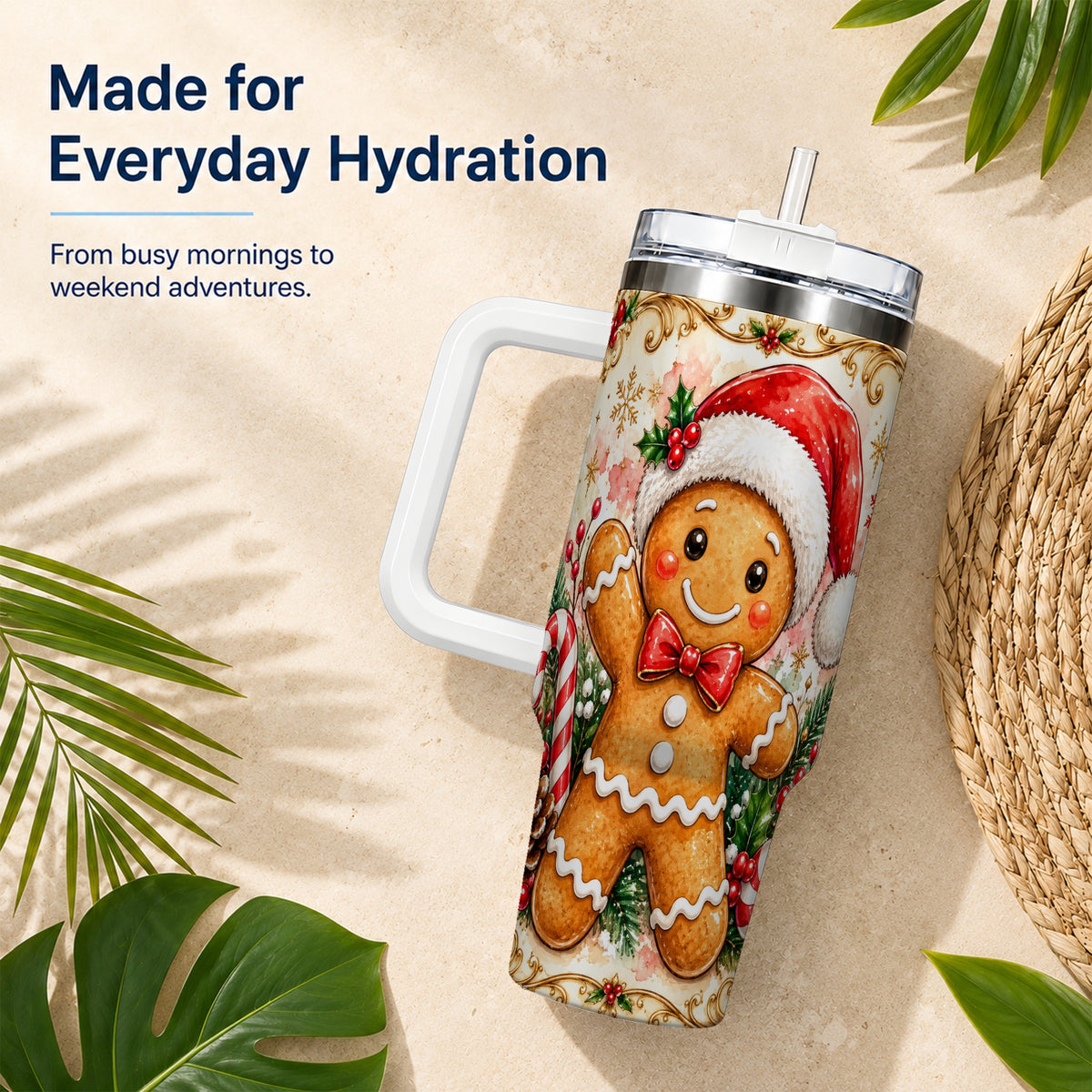 Festive Gingerbread 40oz Tumbler, Christmas Stainless Steel Travel Cup