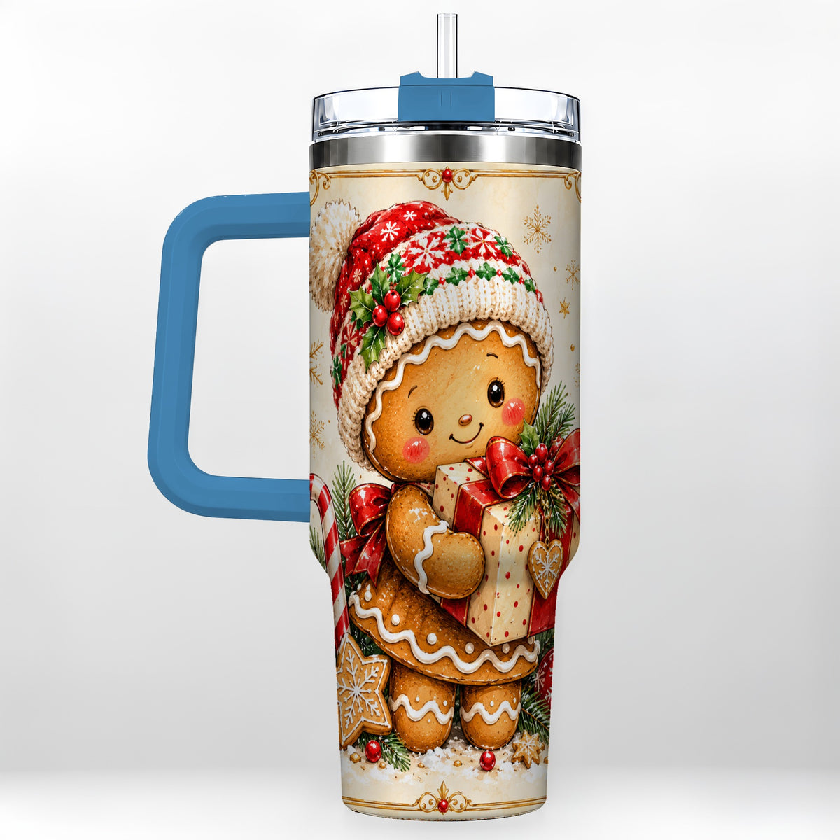 #pl[40oz|Blue] Christmas 40oz Tumbler, Gingerbread Tumbler, Stainless Steel Travel Cup