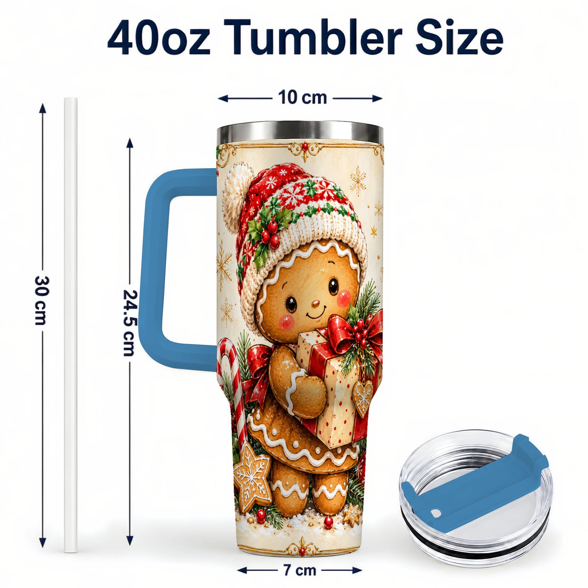 #pl[40oz|Blue] Christmas 40oz Tumbler, Gingerbread Tumbler, Stainless Steel Travel Cup