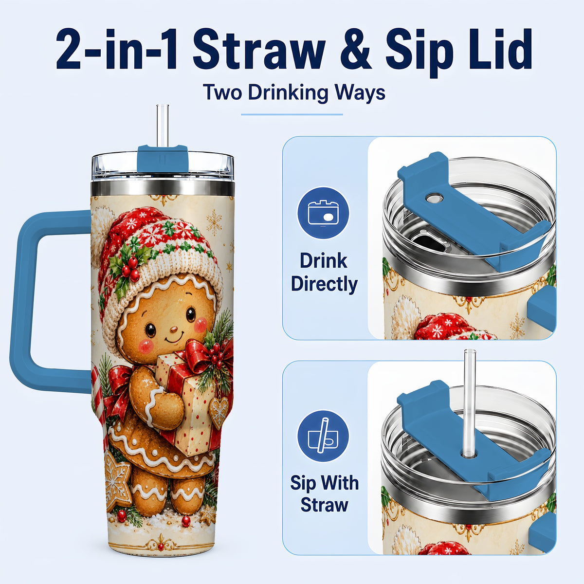 #pl[40oz|Blue] Christmas 40oz Tumbler, Gingerbread Tumbler, Stainless Steel Travel Cup