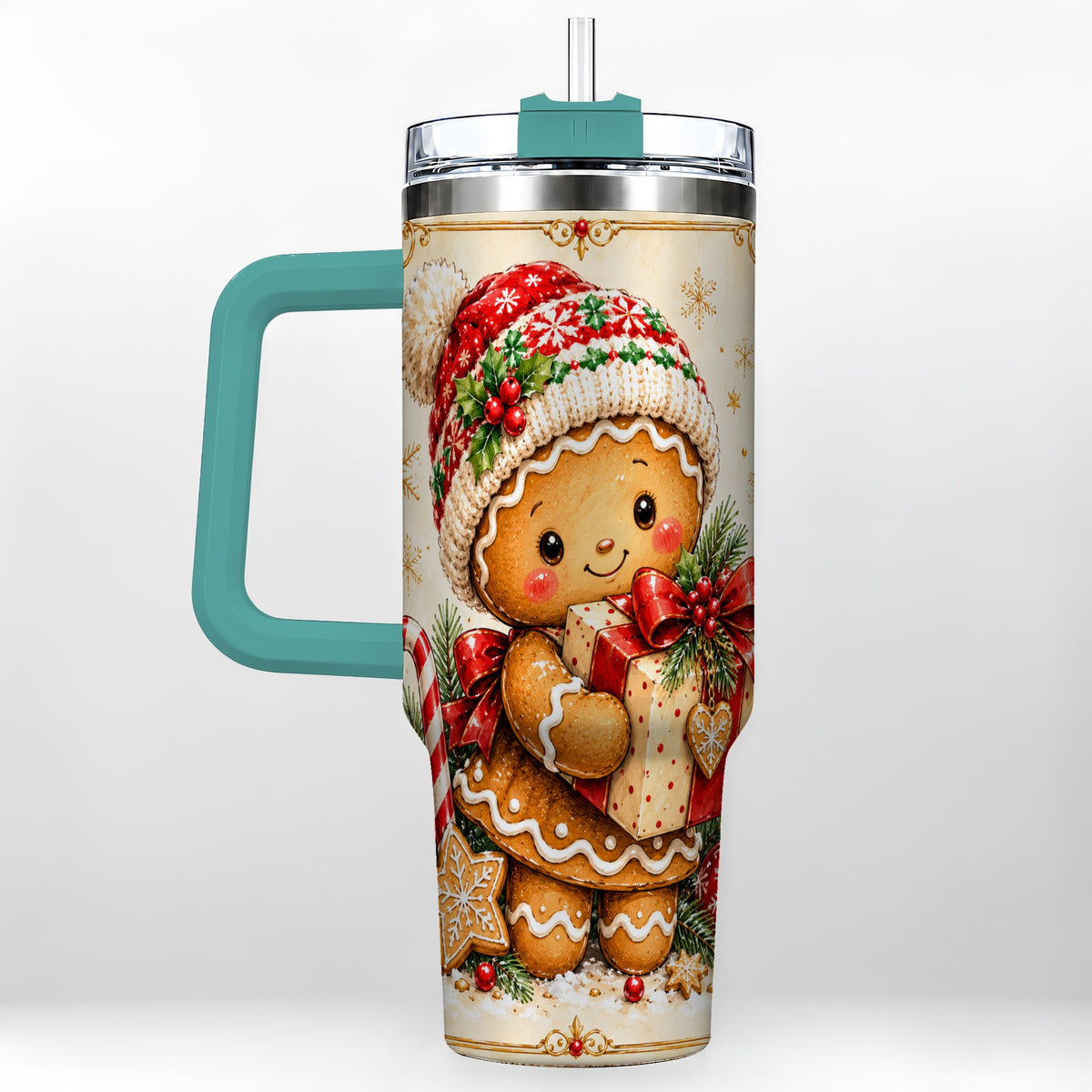 #pl[40oz|Green] Christmas 40oz Tumbler, Gingerbread Tumbler, Stainless Steel Travel Cup