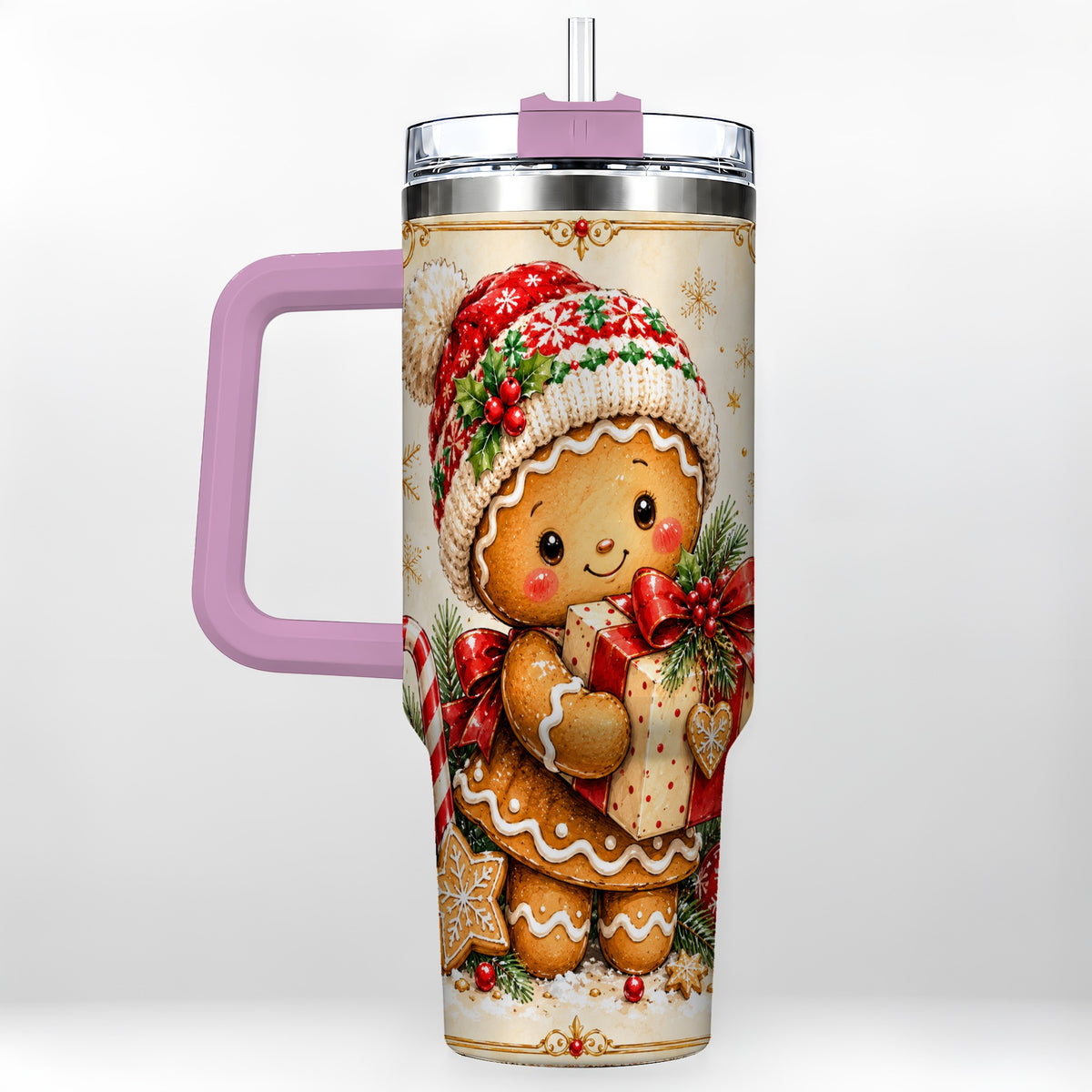 #pl[40oz|Pink] Christmas 40oz Tumbler, Gingerbread Tumbler, Stainless Steel Travel Cup