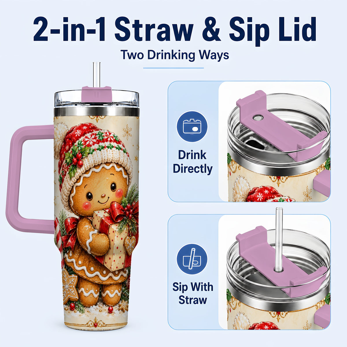 #pl[40oz|Pink] Christmas 40oz Tumbler, Gingerbread Tumbler, Stainless Steel Travel Cup