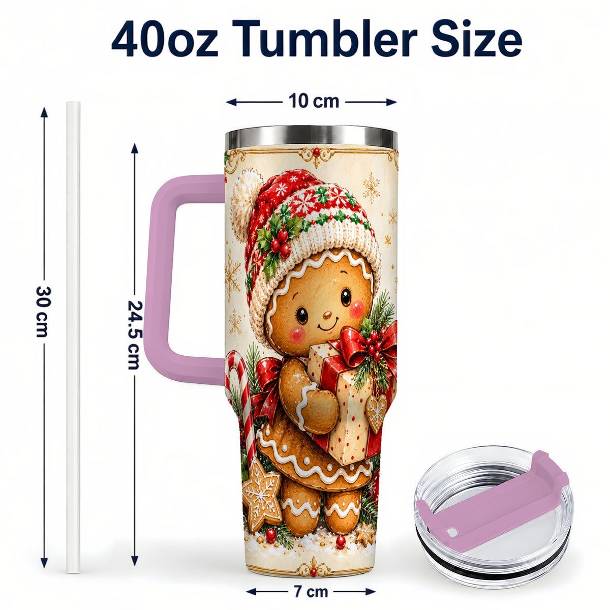 #pl[40oz|Pink] Christmas 40oz Tumbler, Gingerbread Tumbler, Stainless Steel Travel Cup