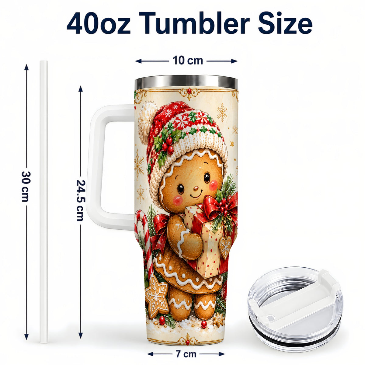 #pl[40oz|White] Christmas 40oz Tumbler, Gingerbread Tumbler, Stainless Steel Travel Cup