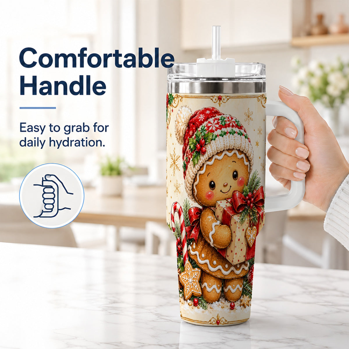 #pl[40oz|White] Christmas 40oz Tumbler, Gingerbread Tumbler, Stainless Steel Travel Cup