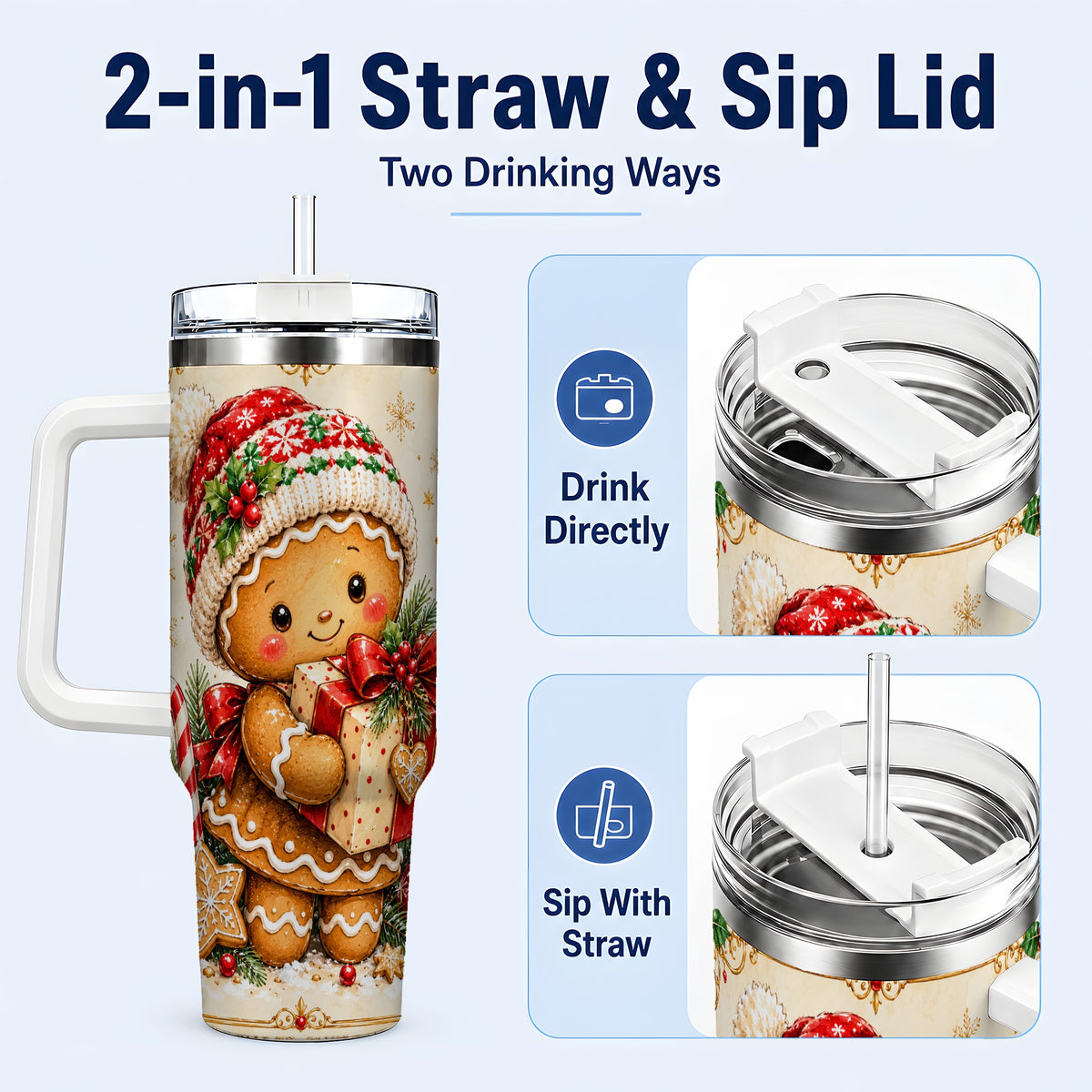 #pl[40oz|White] Christmas 40oz Tumbler, Gingerbread Tumbler, Stainless Steel Travel Cup