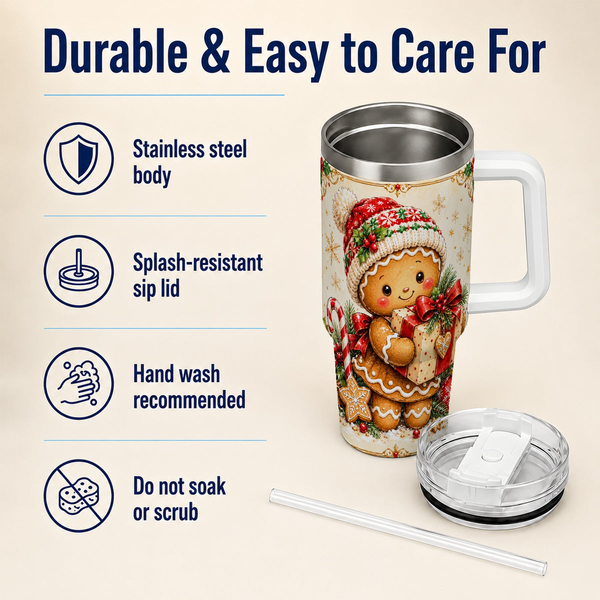 Christmas 40oz Tumbler, Gingerbread Tumbler, Stainless Steel Travel Cup