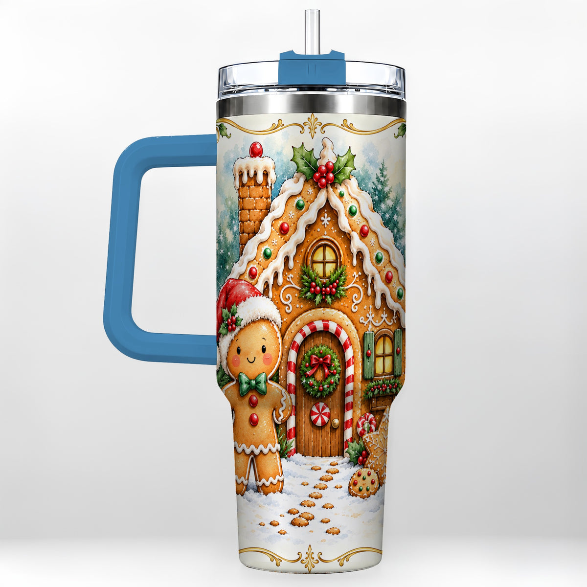 #pl[40oz|Blue] Cookie House 40oz Tumbler, Christmas Tumbler, Stainless Steel Travel Cup