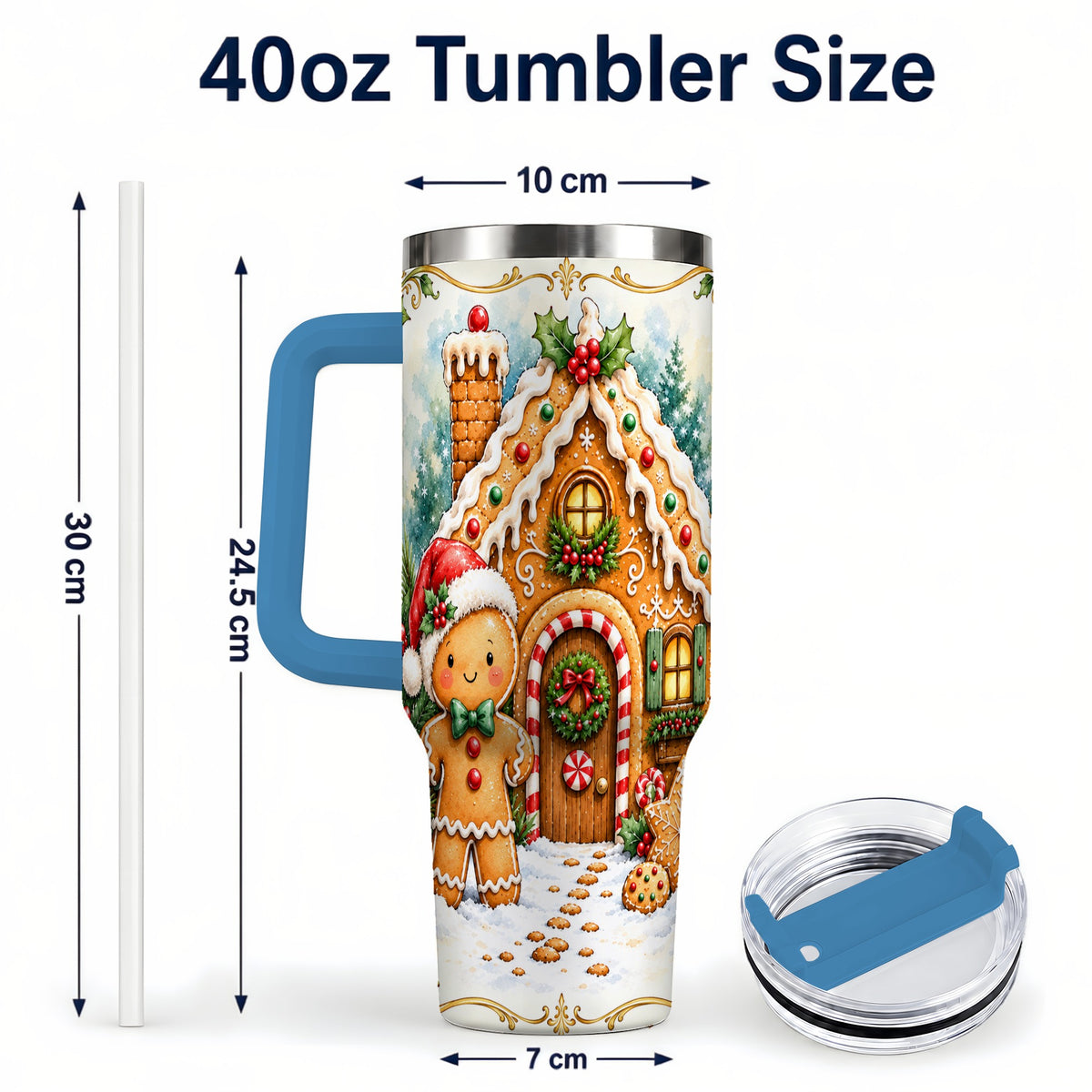 #pl[40oz|Blue] Cookie House 40oz Tumbler, Christmas Tumbler, Stainless Steel Travel Cup