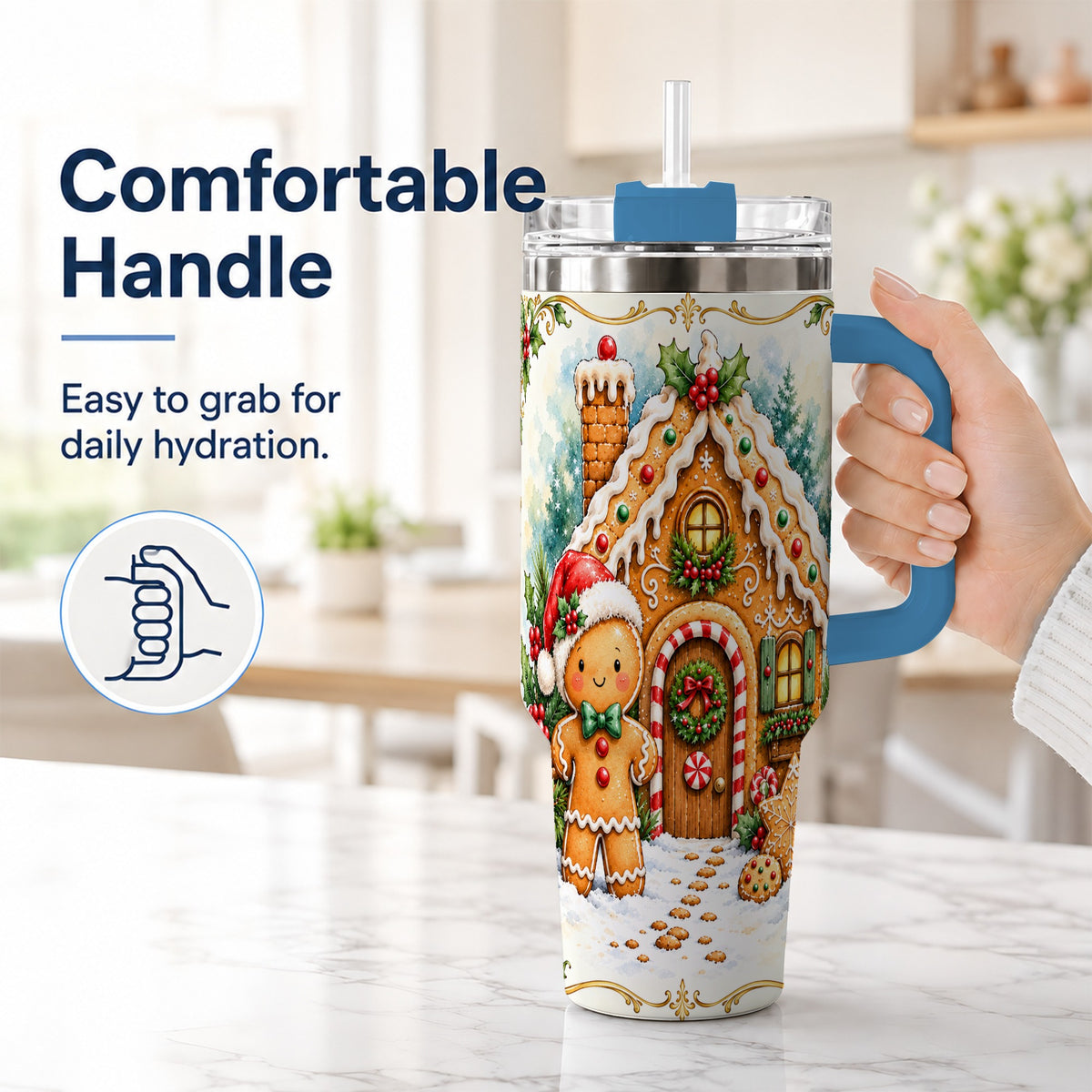 #pl[40oz|Blue] Cookie House 40oz Tumbler, Christmas Tumbler, Stainless Steel Travel Cup