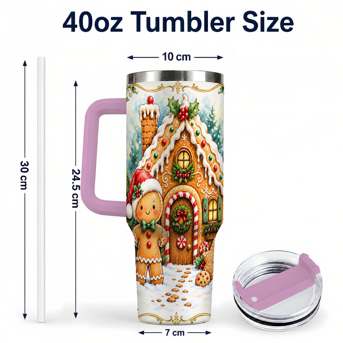 #pl[40oz|Pink] Cookie House 40oz Tumbler, Christmas Tumbler, Stainless Steel Travel Cup