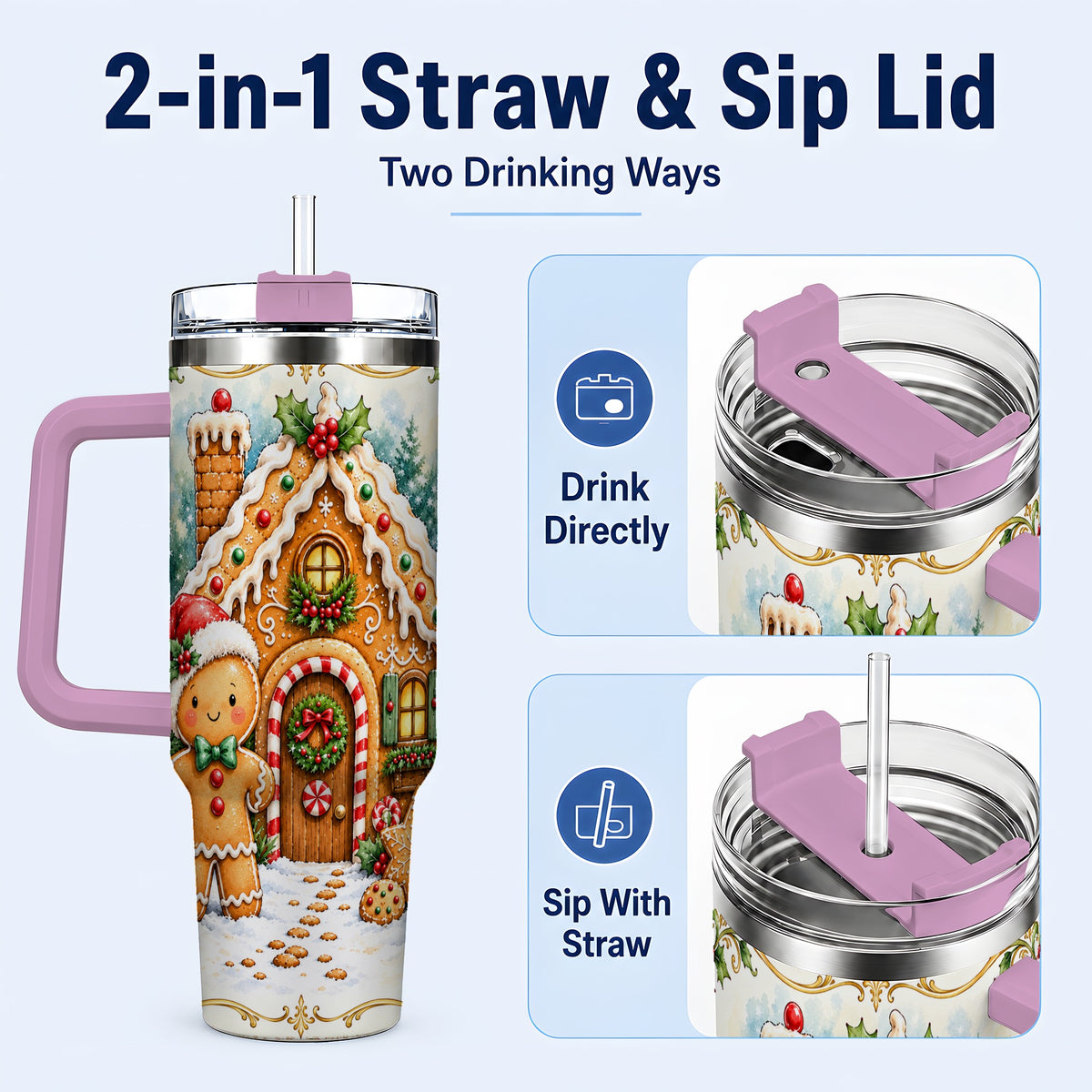 #pl[40oz|Pink] Cookie House 40oz Tumbler, Christmas Tumbler, Stainless Steel Travel Cup