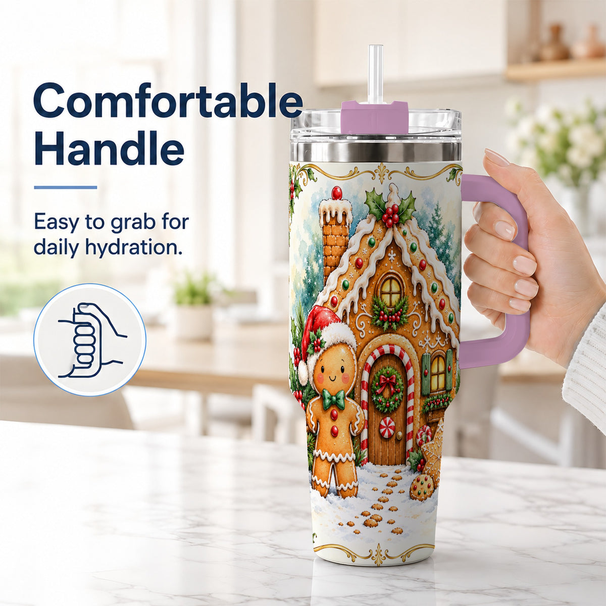#pl[40oz|Pink] Cookie House 40oz Tumbler, Christmas Tumbler, Stainless Steel Travel Cup