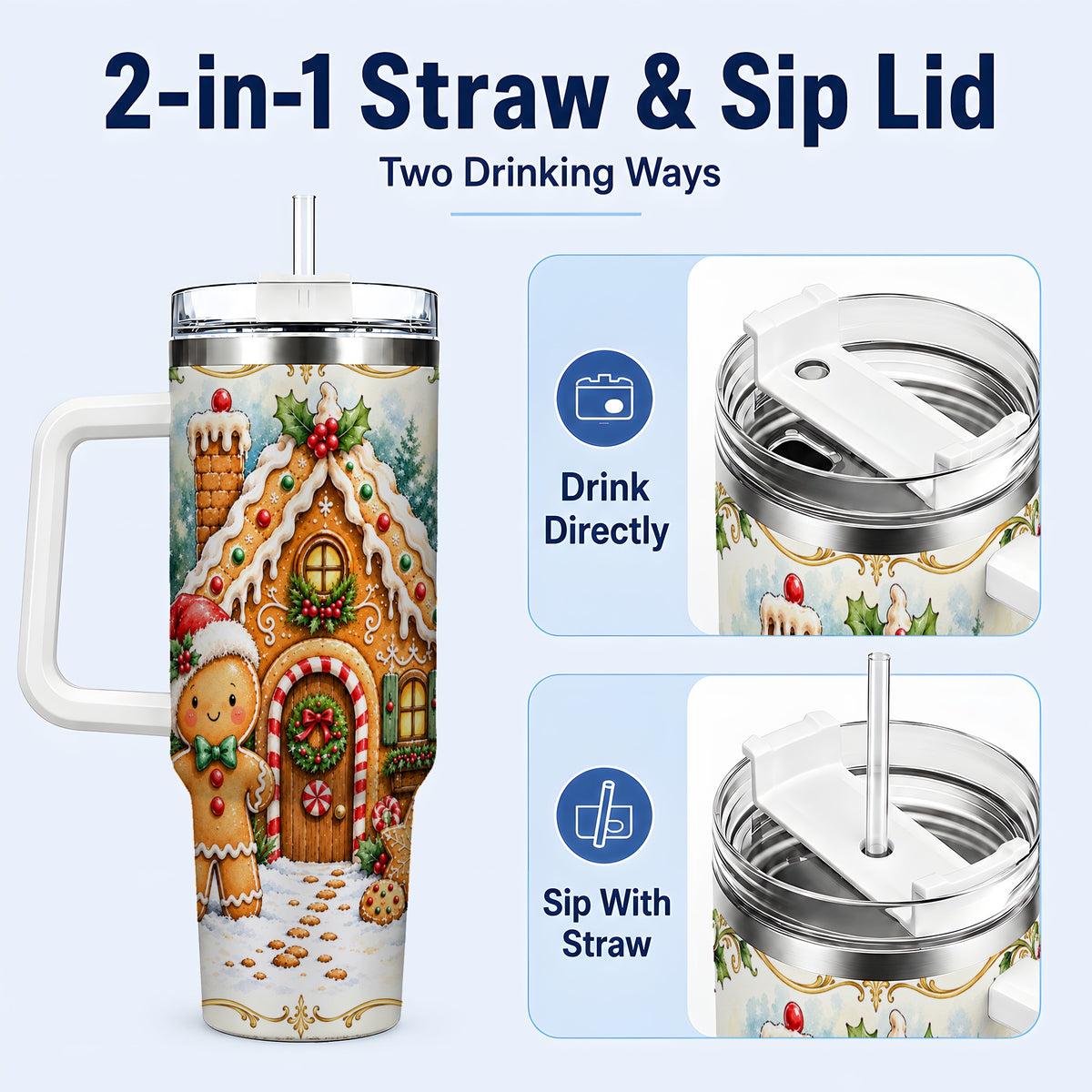 #pl[40oz|White] Cookie House 40oz Tumbler, Christmas Tumbler, Stainless Steel Travel Cup