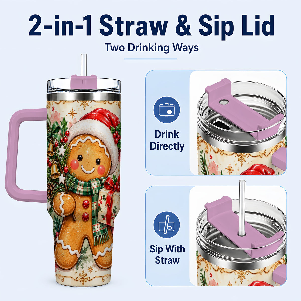 #pl[40oz|Pink] Tree 40oz Tumbler, Gingerbread Tumbler, Stainless Steel Travel Cup